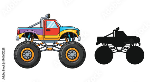 Colorful monster truck illustration with a corresponding black silhouette