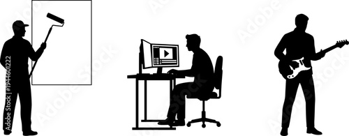 Painter silhouette, video editor illustration, musician with guitar, creative professions concept design