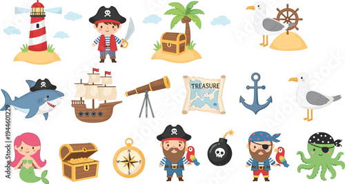Cartoon pirate adventure illustration set, children’s fantasy with treasure, ships, mermaid, shark, octopus, playful clipart design