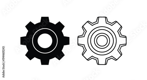 Two gear icons one solid black one white outline against a white background