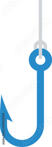 Simple blue fishing hook with grey line on white background