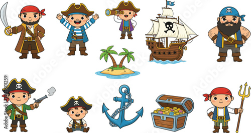 Cartoon pirate adventure illustration set, playful characters with ship, treasure chest, anchor, island, swords, telescope, colorful design