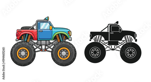 Cartoon monster truck illustration with a colorful and monochrome version