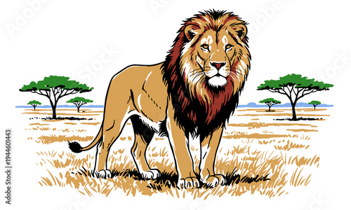 King of the Savanna. Wild lion illustration. Safari adventure poster print. Majestic wildlife artwork for apparel, sticker, and nature decor.