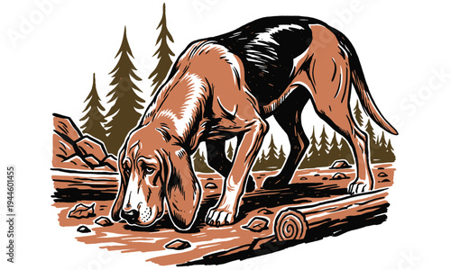 Hunting dog trail seeker. Woodland adventure vintage print design. Forest explore artwork. Dog trekking graphic print for poster, sticker and apparel.