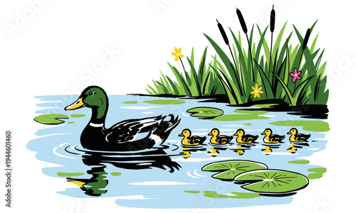 Duck family adventure. Wildlife pond artwork. Cute mallard mother and ducklings vector illustration for kids, print, and nature decor.