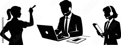 Office teamwork silhouette, business communication, laptop and tablet, modern workplace collaboration concept