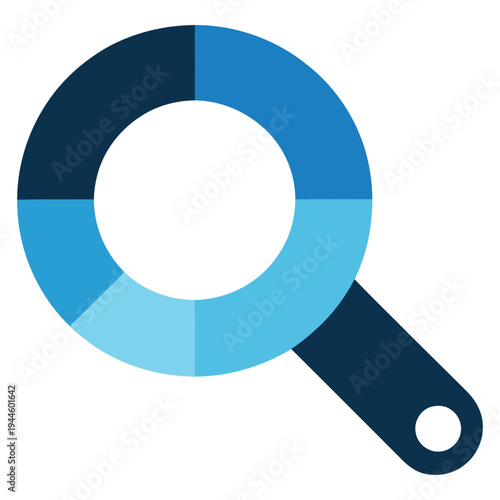 Magnifying glass focusing on a segmented circular diagram with varying shades of blue