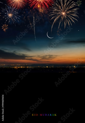 Celebrate Eid Festival background. Ramadan Background.  fireworks and Ramadan night festival. Happy Eid and Ramadan. Moon and fireworks background