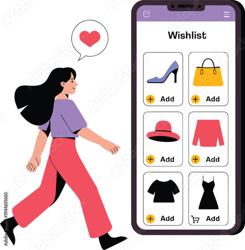 Online shopping wishlist concept with woman browsing fashion items on smartphone app, ecommerce clothing store and mobile retail vector illustration