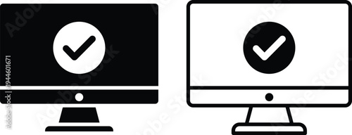Two computer monitors one black one white with checkmark desktop computer screen display
