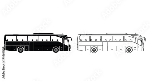 Two monochrome coach buses depicted in side profile with distinct styles