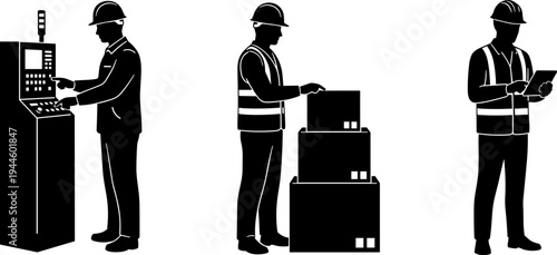 Industrial worker silhouette, warehouse tasks, logistics, machine operation, digital supervision concept