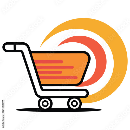 Shopping cart icon with a vibrant sunburst background for online retail themes