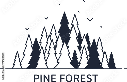 Pine forest landscape illustration with trees and birds in dark blue