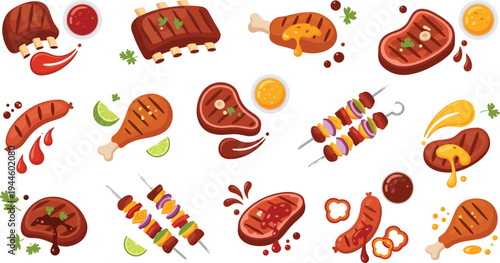 Grilled meat and BBQ vector collection featuring beef steaks ribs chicken legs and sausages with dipping sauces for restaurant menu summer cookout and barbecue illustration designs.