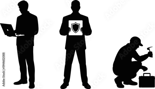 Laptop worker silhouette, security professional illustration, construction repair worker, diverse occupation concept