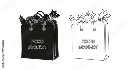 Black and white illustration of two paper grocery bags filled with produce