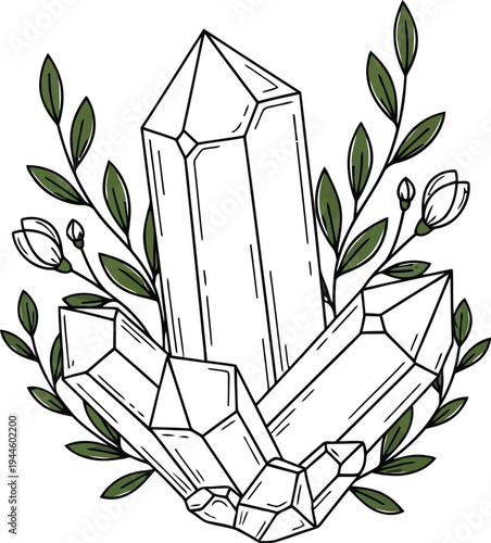 Crystal cluster surrounded by leaves and flowers in a simple illustration