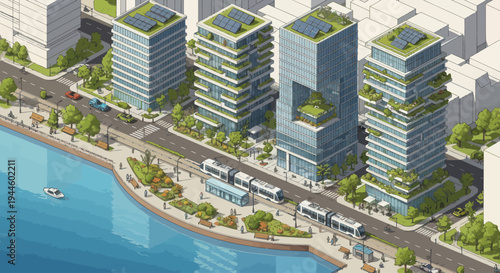 Eco-friendly city waterfront with modern buildings, solar panels, green spaces, and public transport