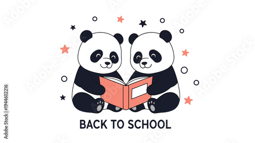 Adorable panda bears sitting together while reading an orange book under a starry sky, with a back to school message at the bottom of the image.