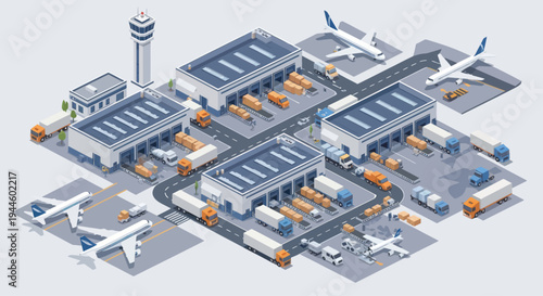 Isometric Logistics Hub: Airplanes, Trucks, Warehouses, Airport Control Tower