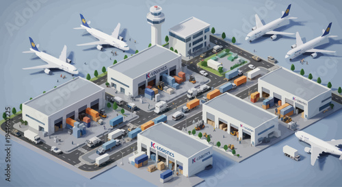 Isometric Airport Logistics Hub with Airplanes, Trucks, and Warehouses