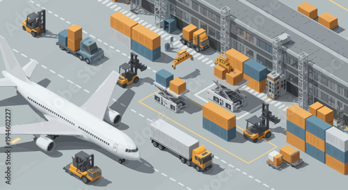 Aircraft Cargo Logistics: Airplane, Trucks, Forklifts and Containers at Airport Warehouse
