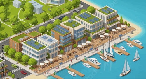 Eco-friendly waterfront city with solar panels, modern buildings, boats, and green spaces.
