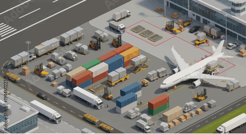 Aerial Cargo Logistics Hub: Airport, Containers, Trucks, and Airplanes