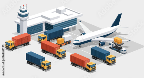 Cargo airport logistics with trucks, airplane, and containers, isometric view