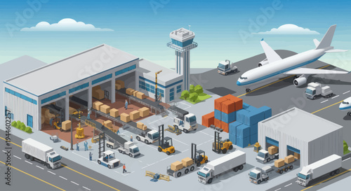 Airport Logistics Hub: Cargo Planes, Trucks, Forklifts, and Warehouses in Isometric View