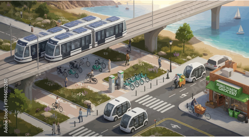 Eco-friendly urban transport: autonomous pods, solar trams, bikes, and sustainable cityscape