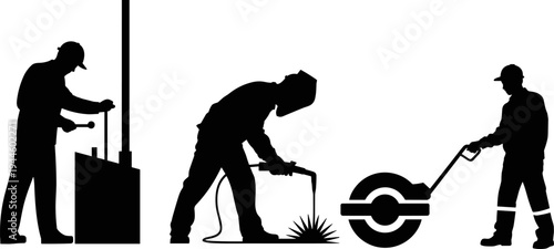 Machine operator silhouette, welding worker illustration, roller compactor labor, industrial construction concept design