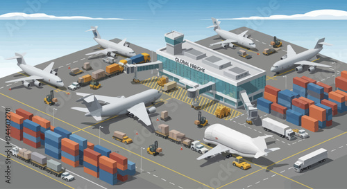 Isometric Airport Cargo Logistics and Global Shipping with Airplanes and Containers