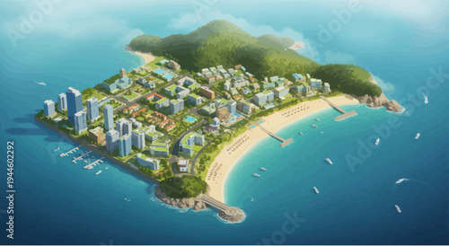 Aerial View of Tropical Island City with Beach, Marina, and Green Hills