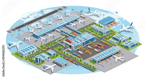 Isometric Airport Scene with Airplanes, Terminals, and Logistics Hub
