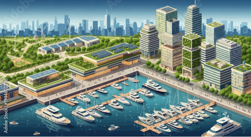 Eco-friendly city harbor with modern yachts and green buildings