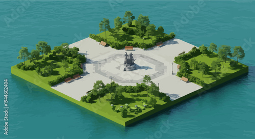 Floating island park with statue and trees in turquoise water, isometric view
