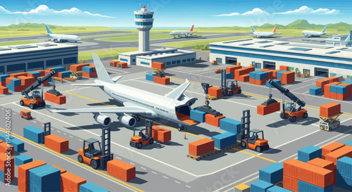 Airport cargo terminal with planes, containers, and forklifts loading an airplane.
