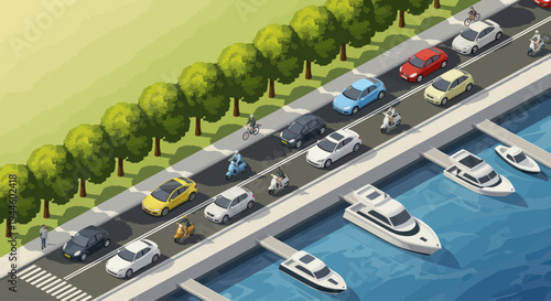 Isometric City Street with Cars, Boats, and Greenery