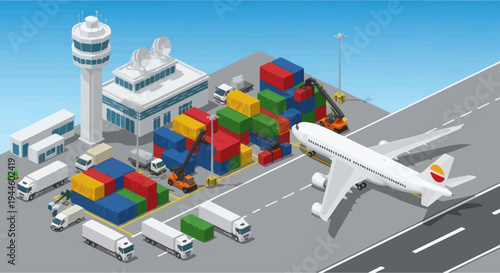 Isometric airport cargo terminal with airplane, containers, trucks, and control tower