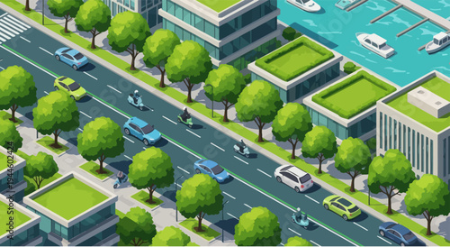 Isometric Cityscape with Green Buildings, Water, and Traffic