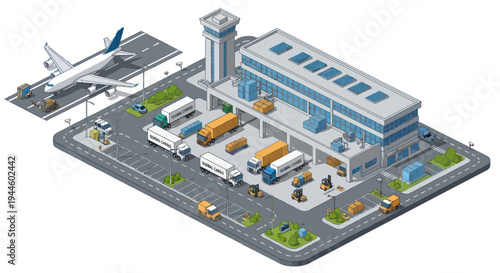 Isometric airport logistics hub with airplane, trucks, and cargo buildings