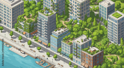 Eco-friendly cityscape with green buildings, park, and waterfront in isometric view.