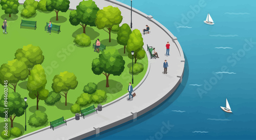 Isometric park with people relaxing by the water, sailboats on the lake, summer day