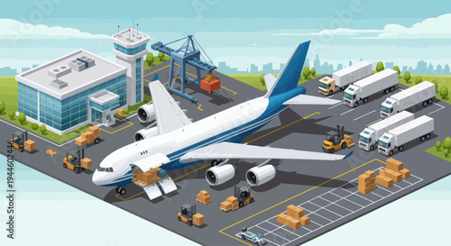 Cargo airplane loading at airport logistics hub with trucks and forklifts