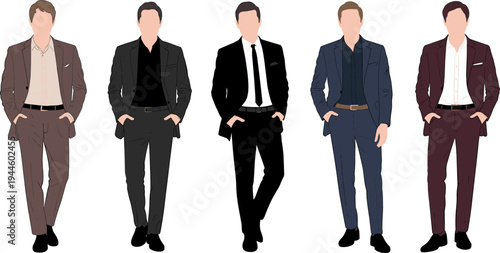 Men’s fashion suit collection, stylish male models, formal wear variations, modern clothing design