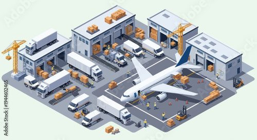 Logistics Hub: Isometric View of Cargo Plane, Trucks, Warehouses, and Boxes
