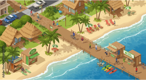 Pixel Art Tropical Beach Resort Town with People Relaxing and Activities